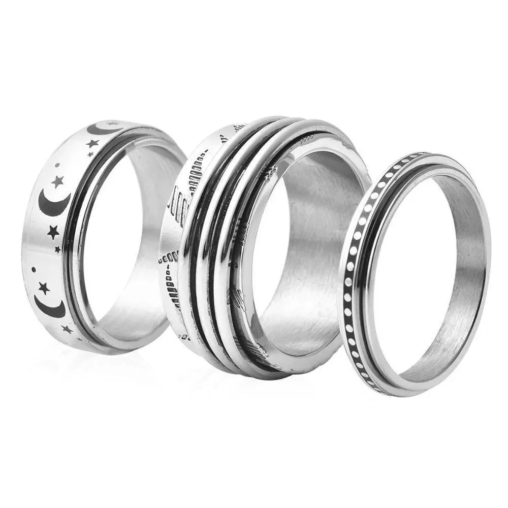Stress Buster Spinner Ring in Stainless Steel Set of 3 Size 10